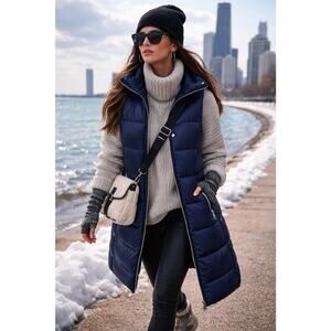 My Anorak Long Nylon Goose Down Vest Puffer Navy Streetwear Lightweight Sz S